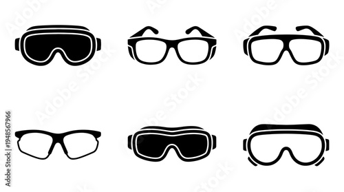 collection of protective goggles, 6 filled black minimal icon vector set , white background , PNG and SVG isolate