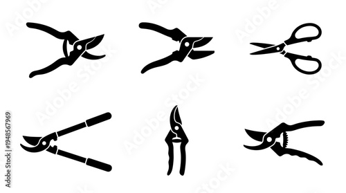 collection of pruning shears, 6 filled black minimal icon vector set , white background , PNG and SVG isolate
