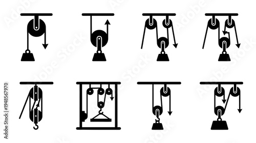 collection of pulley system, 6 filled black minimal icon vector set , white background , PNG and SVG isolate
