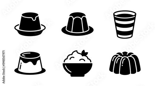 collection of pudding, 6 filled black minimal icon vector set , white background , PNG and SVG isolate
