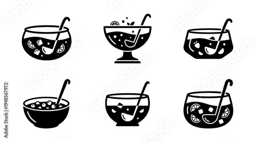 collection of punch bowl, 6 filled black minimal icon vector set , white background , PNG and SVG isolate