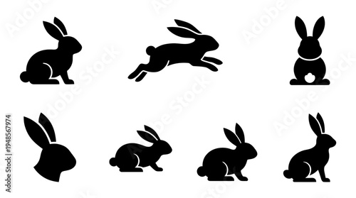 collection of rabbit, 6 filled black minimal icon vector set , white background , PNG and SVG isolate