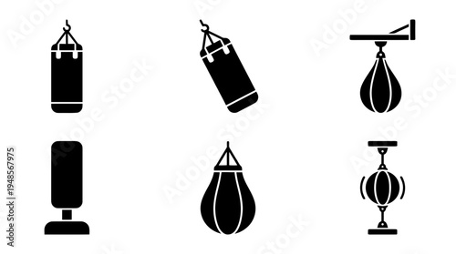 collection of punching bag, 6 filled black minimal icon vector set , white background , PNG and SVG isolate