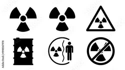 collection of radioactive symbol, 6 filled black minimal icon vector set , white background , PNG and SVG isolate
