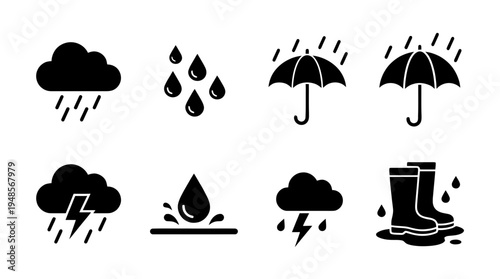 collection of rain, 6 filled black minimal icon vector set , white background , PNG and SVG isolate
