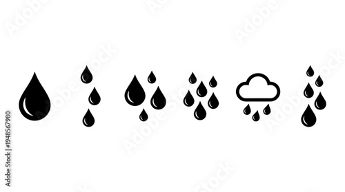 collection of rain drop, 6 filled black minimal icon vector set , white background , PNG and SVG isolate