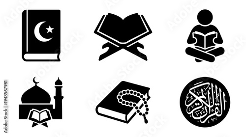 collection of quran book, 6 filled black minimal icon vector set , white background , PNG and SVG isolate