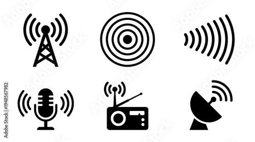collection of radio wave, 6 filled black minimal icon vector set , white background , PNG and SVG isolate