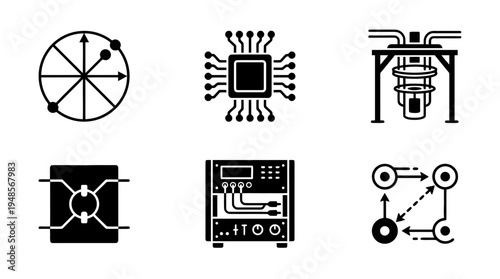 collection of quantum computer, 6 filled black minimal icon vector set , white background , PNG and SVG isolate