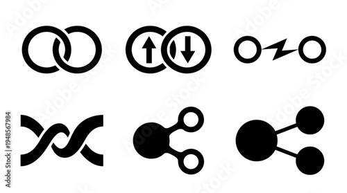 collection of quantum entanglement, 6 filled black minimal icon vector set , white background , PNG and SVG isolate