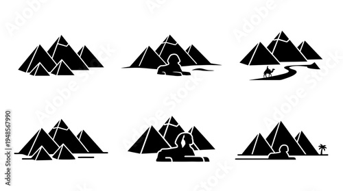 collection of pyramid of giza, 6 filled black minimal icon vector set , white background , PNG and SVG isolate
