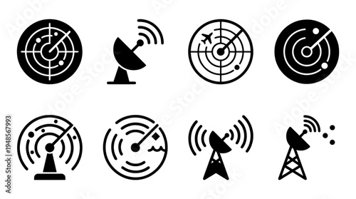 collection of radar, 6 filled black minimal icon vector set , white background , PNG and SVG isolate