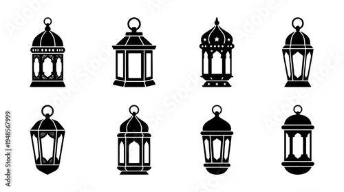 collection of ramadan fanous, 6 filled black minimal icon vector set , white background , PNG and SVG isolate