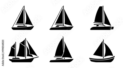 collection of sailing boat, 6 filled black minimal icon vector set , white background , PNG and SVG isolate
