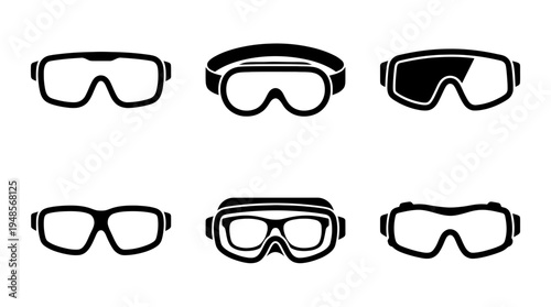 collection of safety goggles, 6 filled black minimal icon vector set , white background , PNG and SVG isolate