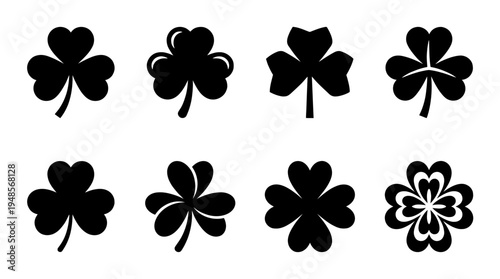 collection of saint patrick shamrock, 6 filled black minimal icon vector set , white background , PNG and SVG isolate