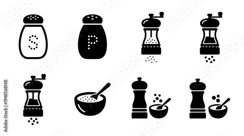 collection of salt and pepper, 6 filled black minimal icon vector set , white background , PNG and SVG isolate