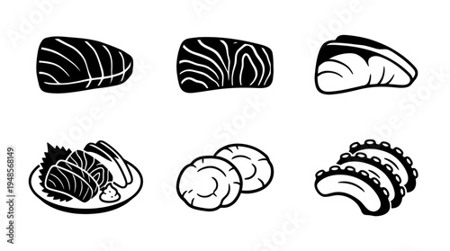 collection of sashimi, 6 filled black minimal icon vector set , white background , PNG and SVG isolate
