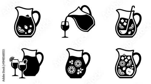 collection of sangria pitcher, 6 filled black minimal icon vector set , white background , PNG and SVG isolate