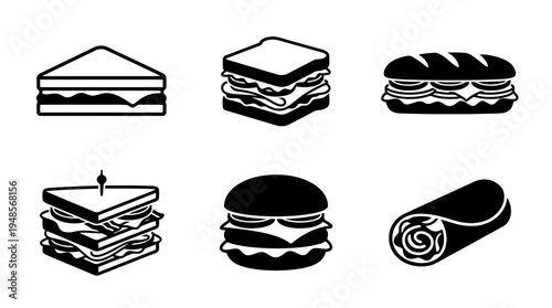 collection of sandwich, 6 filled black minimal icon vector set , white background , PNG and SVG isolate