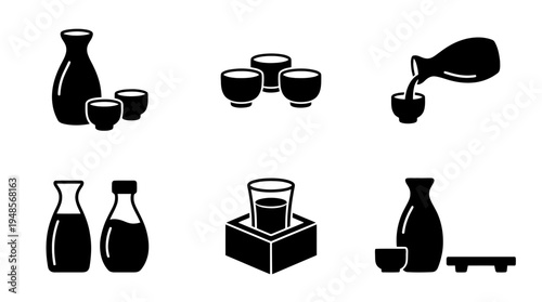 collection of sake set, 6 filled black minimal icon vector set , white background , PNG and SVG isolate