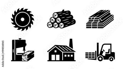collection of sawmill, 6 filled black minimal icon vector set , white background , PNG and SVG isolate