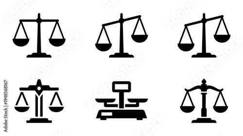 collection of scale balance, 6 filled black minimal icon vector set , white background , PNG and SVG isolate
