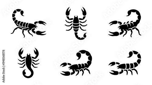 collection of scorpion, 6 filled black minimal icon vector set , white background , PNG and SVG isolate