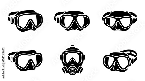 collection of scuba diving mask, 6 filled black minimal icon vector set , white background , PNG and SVG isolate