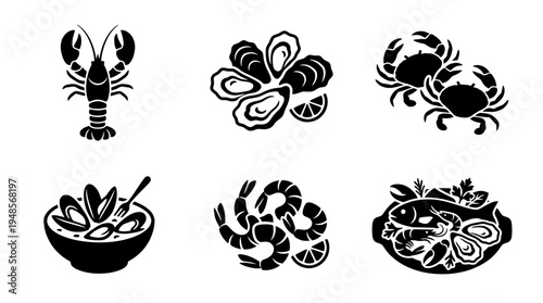 collection of seafood platter, 6 filled black minimal icon vector set , white background , PNG and SVG isolate