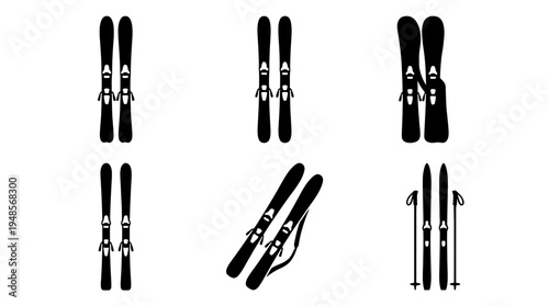 collection of ski planks, 6 filled black minimal icon vector set , white background , PNG and SVG isolate