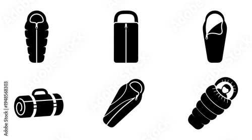collection of sleeping bag, 6 filled black minimal icon vector set , white background , PNG and SVG isolate