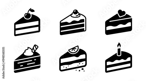 collection of slice of cake, 6 filled black minimal icon vector set , white background , PNG and SVG isolate