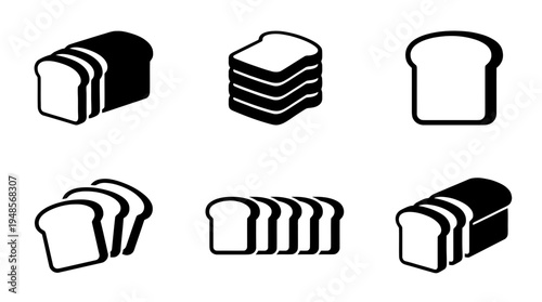 collection of sliced bread, 6 filled black minimal icon vector set , white background , PNG and SVG isolate