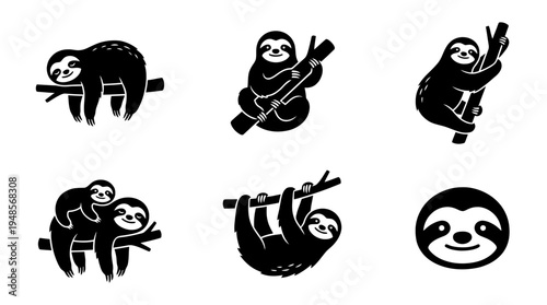 collection of sloth, 6 filled black minimal icon vector set , white background , PNG and SVG isolate