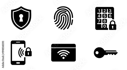 collection of smart door lock, 6 filled black minimal icon vector set , white background , PNG and SVG isolate