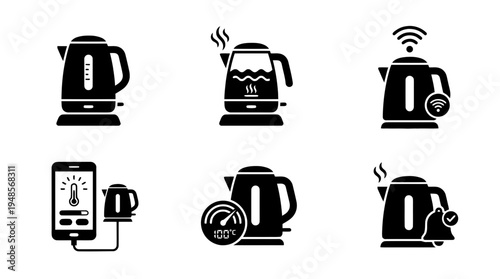 collection of smart kettle, 6 filled black minimal icon vector set , white background , PNG and SVG isolate