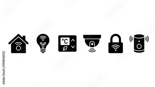 collection of smart home house, 6 filled black minimal icon vector set , white background , PNG and SVG isolate