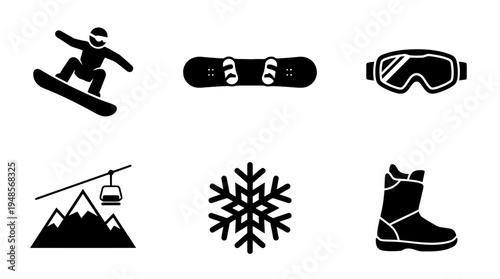 collection of snowboard, 6 filled black minimal icon vector set , white background , PNG and SVG isolate