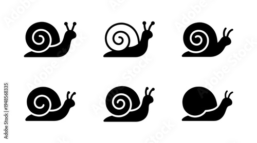 collection of snail, 6 filled black minimal icon vector set , white background , PNG and SVG isolate