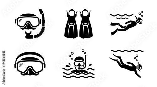 collection of snorkeling, 6 filled black minimal icon vector set , white background , PNG and SVG isolate