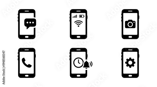 collection of smartphone, 6 filled black minimal icon vector set , white background , PNG and SVG isolate