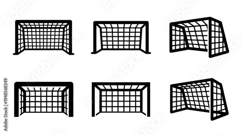 collection of soccer goal, 6 filled black minimal icon vector set , white background , PNG and SVG isolate