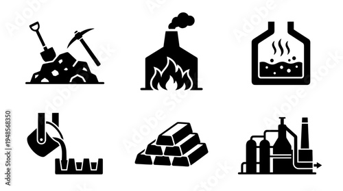 collection of smelting furnace, 6 filled black minimal icon vector set , white background , PNG and SVG isolate