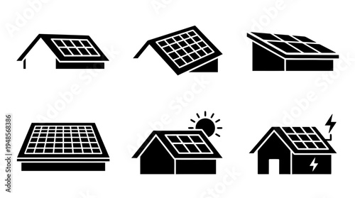 collection of solar panel roof, 6 filled black minimal icon vector set , white background , PNG and SVG isolate