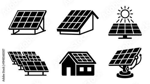 collection of solar panel array, 6 filled black minimal icon vector set , white background , PNG and SVG isolate