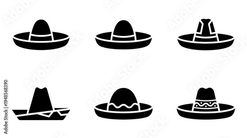 collection of sombrero, 6 filled black minimal icon vector set , white background , PNG and SVG isolate