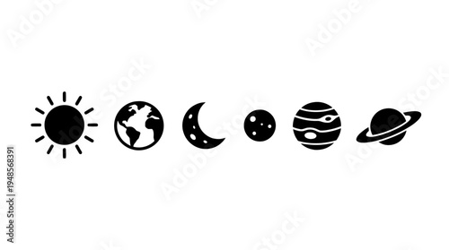 collection of solar system, 6 filled black minimal icon vector set , white background , PNG and SVG isolate