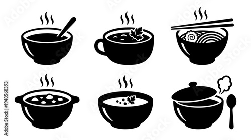 collection of soup bowl, 6 filled black minimal icon vector set , white background , PNG and SVG isolate