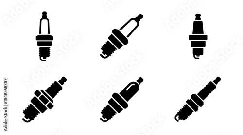 collection of spark plug, 6 filled black minimal icon vector set , white background , PNG and SVG isolate